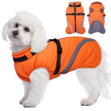 Imagem de BRKURLEG Jaquetas de inverno para cães pequenos, casaco para cães com arnês embutido, roupas de neve para cães com zíper, jaqueta acolchoada impermeável à prova de vento para animais de estimação