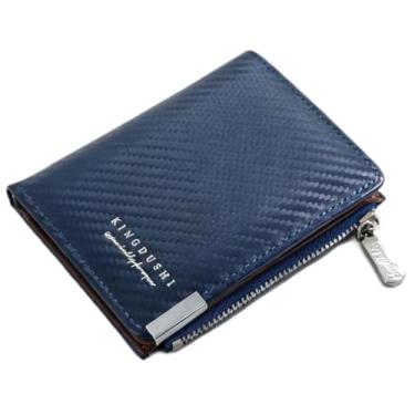 Imagem de Carteira masculina de fibra de carbono, dobra dupla, cor sólida, botão de pressão, com zíper, 6 compartimentos para cartões, 1 janela para identidade, Azul, small, Casual