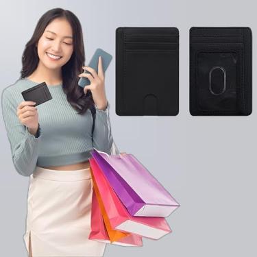 Imagem de Carteira para homens e mulheres, compartimento fino de couro para cartão de crédito com janela para identidade, bolso frontal com bloqueio de RFID, carteira minimalista, Preto, Clássico