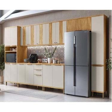 Imagem de Cozinha Modulada Completa 7 Peças 16 Portas E Tampo 385cm 100% Mdf Noruega Canelada Espresso Móveis Amêndoa-off White