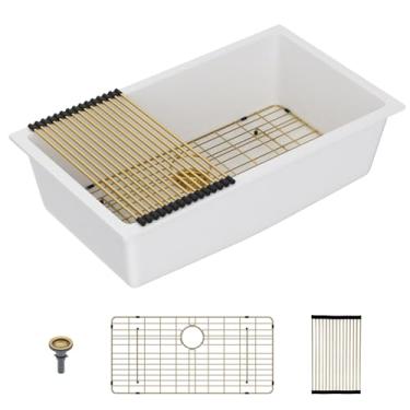 Imagem de Lordear Pia de cozinha composta de granito branco de 83 cm x 48 cm, pias de quartzo branco embaixo do balcão, pia de tigela única com acessórios dourados clássicos