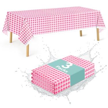 Imagem de DecorWoo Pacote com 3 toalhas de mesa rosa guingão, toalha de mesa descartável de plástico rosa e vermelho, 137 x 272 cm, retangular, toalha de mesa para piquenique à prova d'água para festas