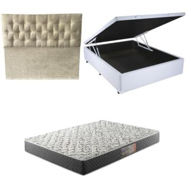 Imagem de Cama Box Baú Blindada com Colchão de Espuma D33 17cm + Cabeceira Botonê (CORINO BRANCO, Casal)