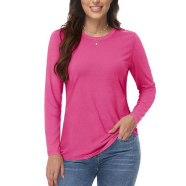 Imagem de Camiseta feminina YUCOLEN, manga comprida, algodão, outono, rosa quent