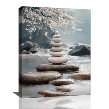 Imagem de Spaexor Arte de parede Zen, decoração de parede com imagens de flor de cerejeira, pintura de impressão em tela de pedra zen, arte emoldurada para sala de meditação quarto, banheiro, sala de estar