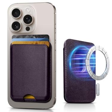 Imagem de SOUNDBYTE Carteira magnética mais forte para iPhone 16/15/14/13/12 e para capas MagSafe | Suporte magnético de couro com bloqueio de RFID N52 com ímãs poderosos | Comporta 3 cartões | Roxo escuro