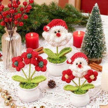 Imagem de 1 peça de decoração feita à mão de Papai Noel, enfeite festivo de vaso de flores com design de lã de malha, decoração de mesa para casa