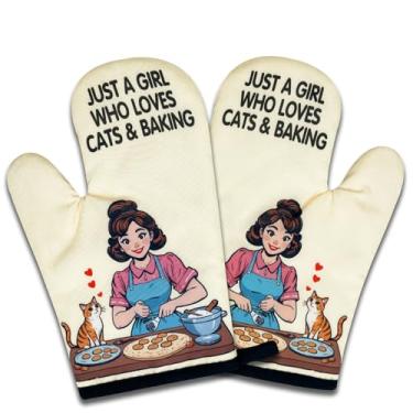 Imagem de NAHMAKNE Pacote com 2 luvas de forno engraçadas para mulheres, Just A Girl Who Loves Cats & Baking, luvas antiderrapantes vintage de silicone resistente ao calor, presentes para amantes de gatos