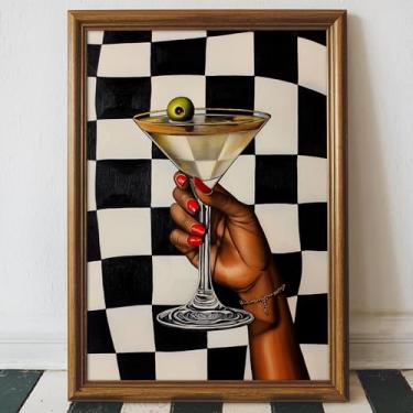 Imagem de Vintage Martini Wall Art Black Fashion Poster Vintage Bar Carrinho Imagem Estética Moderna Impressões Moda Menina Negra Barra Estética Arte de Parede Engraçada Cozinha Pintura Martini Arte 40 x 61 cm