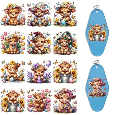 Imagem de Elewins 24 peças Happy Easter UV DTF Cup Wrap Transfer Paper for Motel Keychains UV DTF Package Printing Paper for Acrylic Hotel Keychains, Colorful UV DTF Cup Wrap (Easter Highland Cow)