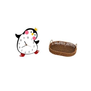 Imagem de Fenteer Lindo Relógio de Parede de Madeira com Desenho de Pinguim E Cesta de Vime Trançada, Fruteira Oval, Organizador Decorativo Multifuncional Alimentado Po