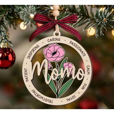 Imagem de SalenaGift Momo Flower Ornamento de madeira para Momo from Daughter - Son Words of Love to Mom - Ornamento Momo's - Lembrança de madeira de 2 camadas 3,5 polegadas