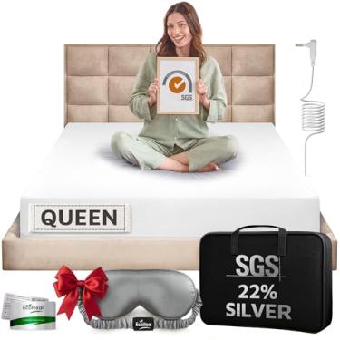 Imagem de Lençóis Queen 74% algodão orgânico 22% prata 4% seda tamanho lençol com elástico - terra aterrada - boa roupa de cama para dormir melhor (branco, Queen)