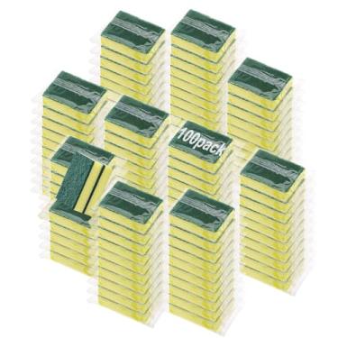 Imagem de Pacote com 100 esponjas embaladas individualmente não comprimidas para limpeza doméstica de cozinha, lavagem de louça, sem arranhões, esponjas a granel para hotel, carro, apartamentos, Airbnb, verde