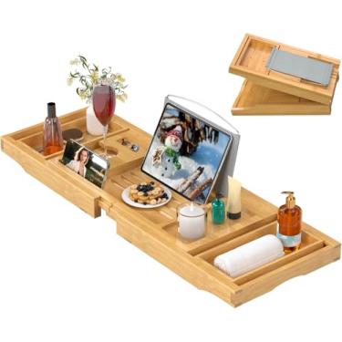 Imagem de Bandeja de banheira para banheira, bandejas de mesa de banho dobráveis, prateleira de bambu com suporte de livro e copo de vinho, acessórios de banheiro adequados para spa de luxo ou leitura, natural