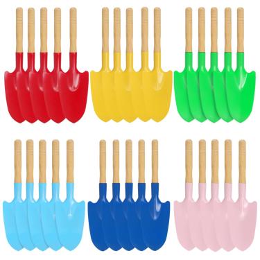 Imagem de TAICHEUT 30 pás de praia, pá de areia de metal com cabo de madeira, mini pás de jardim de metal para plantar, solta, escavação, 25 cm de comprimento, 6 cores