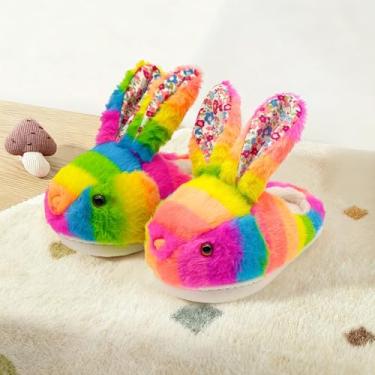 Imagem de Pantufas de coelho para crianças, crianças, meninos, meninas, animais fofos, macios, de pelúcia para casa, casa, interior, inverno, quarto, antiderrapante, coelho, quente, sapatos de bebê, Arco-íris