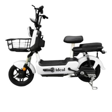 Imagem de Bicicleta Elétrica 600W, Scooter Urbana Branca e Preta, Banco Duplo com Encosto, Motor 36V/48V, Velocidade Máxima 32 km/h, Aro 14, Painel Digital