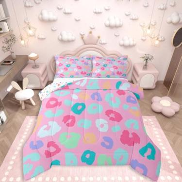 Imagem de Erosebridal Jogo de cama solteiro com estampa de guepardo, leopardo, pastel, arco-íris, animal, azul, rosa, para quarto de meninas, adolescentes, adultos, todas as estações