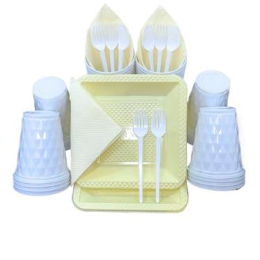 Imagem de Kit Festa Aniversario 180 Itens Candy Descartavel Diamante Premium C/Pratos Copos Garfinho Cor Pastel Azul Rosa Amarelo (Branco Amarelo Candy)