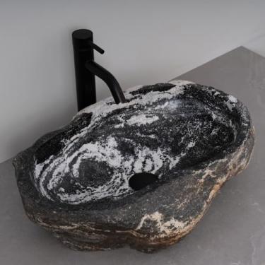 Imagem de MIDUSO Pia de embarcação de pedra irregular 100% feita à mão; pia de pedra real; pia de embarcação exclusiva; acima do balcão; pia de rocha de rio; banheiros rústicos de pias; Irre RiverStone 295