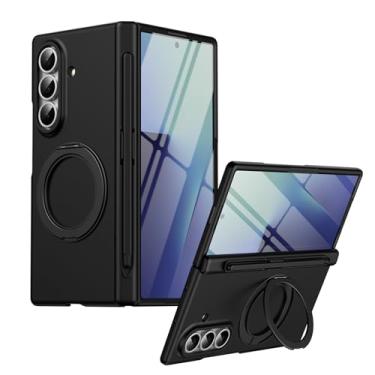 Imagem de FWYANZH Capa para Samsung Galaxy Z Fold 7, capa com suporte de anel magnético, protetor de tela embutido, compartimento para caneta, dobradiça para câmera, capa de telefone à prova de choque, preta
