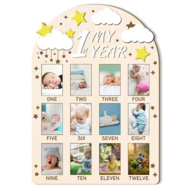 Imagem de ORIGACH Quadro de exibição de fotos My First Year Baby Growth, quadro de lembrança de madeira para recém-nascidos de 12 meses para decoração de primeiro aniversário e berçário, nuvem