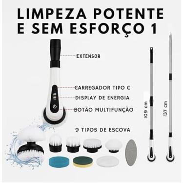Imagem de Esfregão Elétrico Profissional 9 em 1 Recarregável Mop 360º Sem Fio Potente Portátil Limpeza Pesada Banheiro Cozinha Piso Azulejo Janela Escova Multiuso Compacto Giratório Casa Premium Ajustavel