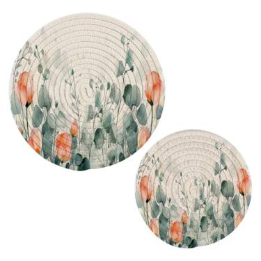 Imagem de Blueangle 2 peças de suporte de panela de flores em aquarela - conjunto de pegadores de panela de tecido redondo - almofadas quentes trançadas de algodão - porta-copos - tapetes de mesa para cozinhar