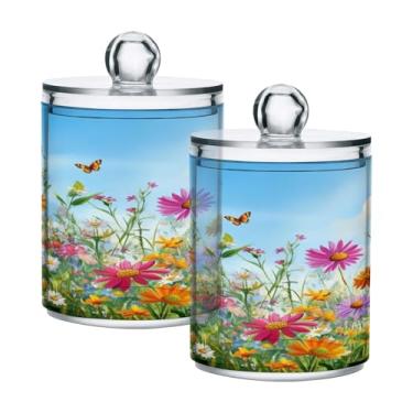 Imagem de ATTX Dispensador de suporte Qtip Wildflowers para bola de algodão, cotonete, frasco de boticário de plástico transparente, decoração de casa, pote de armazenamento de cozinha, pacote com 2 (407)