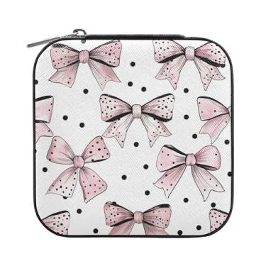 Imagem de SEHANY Caixa de joias personalizada com laço rosa para mulheres, meninas, mini estojo de joias de couro PU, organizador de joias de viagem, caixa de joias para brincos, anéis, colares, presentes para