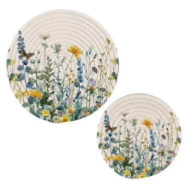 Imagem de Blueangle 2 peças de suporte de panela de tripé de flores silvestres com borboletas - conjunto de pegadores de panela de tecido redondo - almofadas quentes trançadas de algodão - porta-copos - tapetes