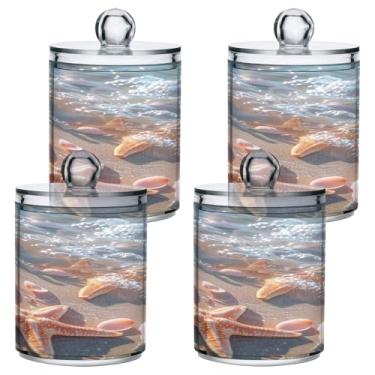 Imagem de ATTX Dispensador de suporte Qtip de areia e conchas para bola de algodão, cotonete, frasco de boticário de plástico transparente, pote de armazenamento de cozinha para decoração de casa, pacote com 4