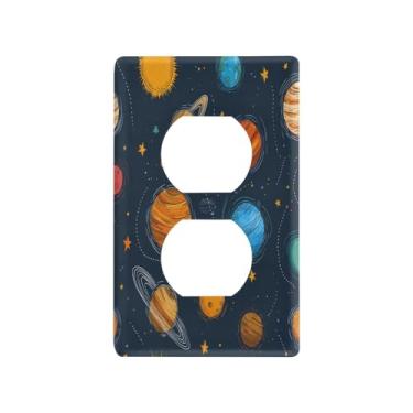 Imagem de Blueangle Placa de parede com desenho animado sistema solar planetas duplex, tamanho padrão, placas de cobertura de tomada elétrica de 1 gangue para decoração de quarto de escritório em casa, 4,53 x