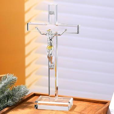 Imagem de Cruz de cristal em pé, crucifixo de Jesus Cristo feito à mão, presentes de ordenação, presentes religiosos para homens, mulheres, decoração de casa e bênção (25,4 cm)