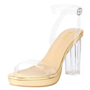 Imagem de ZriEy Salto alto transparente plataforma de 10 cm para mulheres, sandálias de salto grosso, bico aberto, tira no tornozelo, salto alto, festa de casamento, vestido de formatura, sapato, Dourado