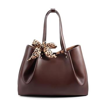 Imagem de cotika Sacola feminina, bolsa de ombro grande, de couro vegano, bolsas Hobo, bolsas com bolso destacável, cachecóis de seda requintados, Café, Large