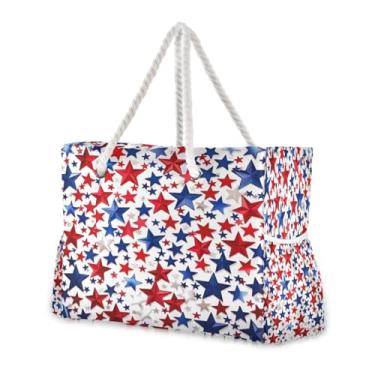Imagem de Wassud Bolsa de praia grande com estrelas vermelhas e azuis para mulheres, impermeável, à prova de areia, bolsa de viagem com zíper e bolso para piscina, academia, acampamento