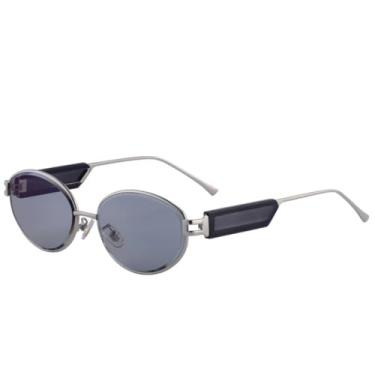 Imagem de JRLLFD Óculos de sol femininos ovais pequenos de metal de luxo, moda punk, masculino, para dirigir ao ar livre, UV400 (prata, cinza, azul)