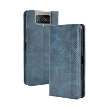 Imagem de Capa flip de couro para Asus Zenfone 7 Pro ZS671KS,Flip magnético retro,Caso de telefone de couro PU,Design de carteira com 3 slots de cartão e 1 clipe de dinheiro -Blue