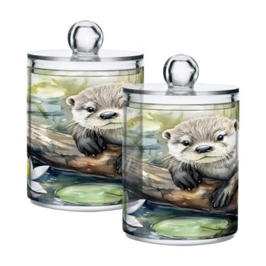 Imagem de STAYTOP 2 peças de lontra adorável no lotus, dispensador Qtip, boticário, frascos de banheiro com etiquetas – Recipiente de armazenamento Qtip de plástico transparente para bola de algodão, cotonete