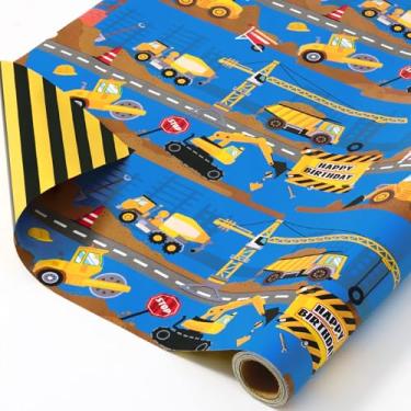 Imagem de WERNNSAI Rolo de papel de embrulho de construção, 1 rolo de 43 cm x 5 m, papel de embrulho de presente para caminhão de construção com design listrado para crianças, meninos, trator reversível