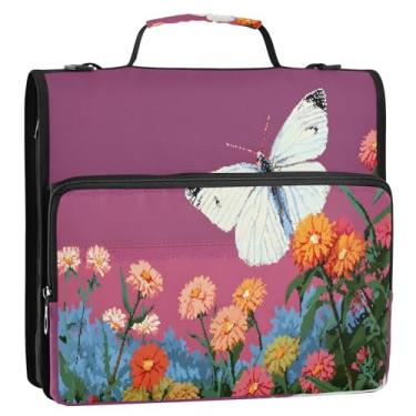 Imagem de CEBUGI Fichário de 3 anéis com zíper com alça de ombro, pasta de arquivo expansível de 3,8 cm, anéis D, para escola, escritório, borboleta, flores