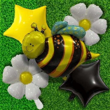 Imagem de Kit 5 Balões Metalizados Foil Tema Abelhinha – Flores e Estrelas para Festa Infantil, Chá de Bebê e Aniversário (Abelha Zangão)