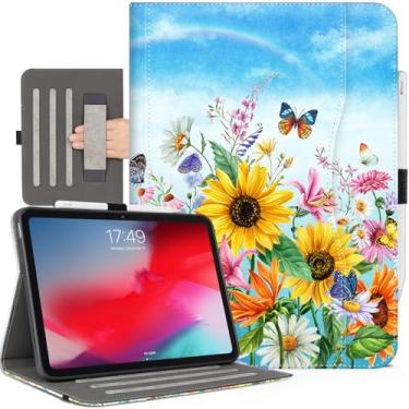 Imagem de Capa para iPad Air de 13 polegadas M3/M2, iPad Pro 12,9 6ª/5ª/4ª/3ª geração, com suporte ajustável em vários ângulos, bolso acolchoado à prova de choque/alça de mão/despertar automático girassóis