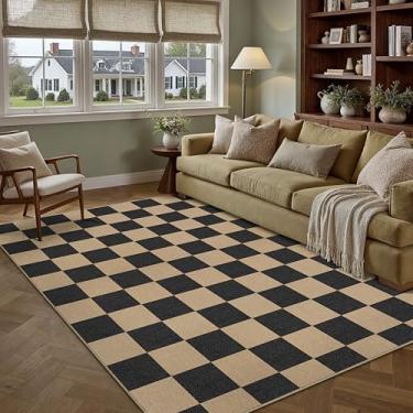 Imagem de PureCozy Tapete quadriculado de juta fácil 12,5 x 17,8 cm, tapete lavável para sala de estar, tapete de xadrez interno e externo, casa de fazenda, antiderrapante, preto, geométrico, para quintal, sala