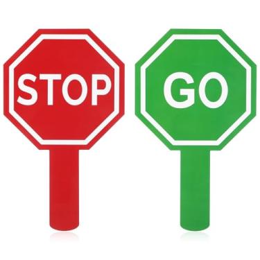 Imagem de LXUEJIE Placa Stop and Go com alça, placa dupla face vermelha e verde placa portátil de cruzamento sinais de estrada à prova d'água guarda sinais de parada ferramenta de segurança de trânsito para