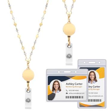 Imagem de MyfavoriteK Cordão retrátil banhado a ouro com 2 peças de suporte de identificação para mulheres, cordão de corrente da moda, colar de crachá (ouro e zircônia)