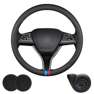 Imagem de Capa de volante de carro de couro Nappa, ajuste personalizado para acessórios interiores Maserati, universal de 38 cm com logotipo, protetor de volante automático antiderrapante e respirável, preto