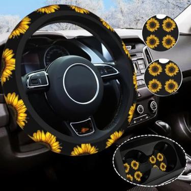Imagem de Capa de volante com estampa de girassol, capa de volante preta universal antiderrapante de 35 a 38 cm, acessórios de carro para mulheres e homens